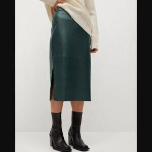 MANGO Faux-Leather Pencil Skirt Double Slit Midi Deep Green Sz US 4